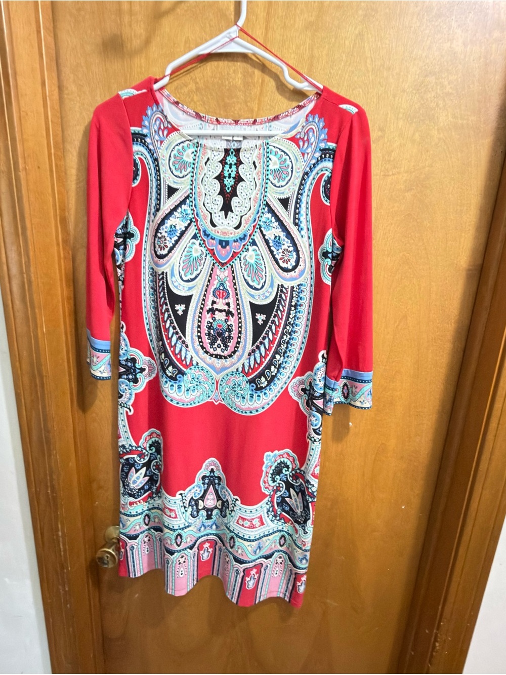 London Times Red Paisley-Print Long-Sleeve Shift Dress